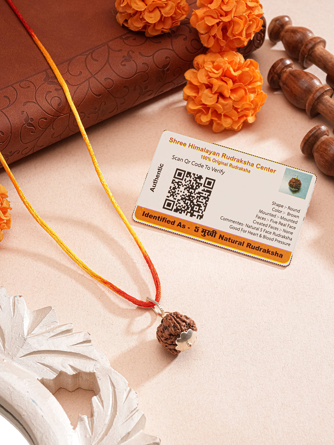 Natural 5 Mukhi Faces Rudraksh With Certificate  In Red Thread Pendant Necklace & Chain